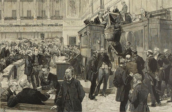 Élection présidentielle de 1887 : vote de l?Assemblée nationale au château de Versailles, avec Jules Ferry au premier plan, gravure d?Albert Bellenger, Paris, musée Carnavalet.
