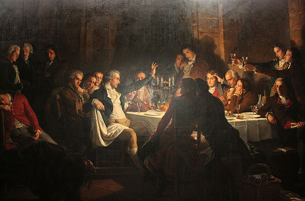 Henri Félix Emmanuel Philippoteaux, Le Dernier banquet des Girondins, vers 1850, Vizille, musée de la Révolution française. Agrandissement : Jean-Joseph Weerts, La vision de Robespierre, XIXe siècle, Roubaix, Musée d'Art et d'Industrie.