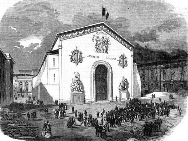 Vue extérieure de la salle de Carton de l'Assemblée nationale, 1848, Journées illustrées de la Révolution de 1848, Paris, 1849. Agrandissement : 4 mai 1848. Première séance de l'Assemblée Nationale dans la salle de Carton, Archives nationales.