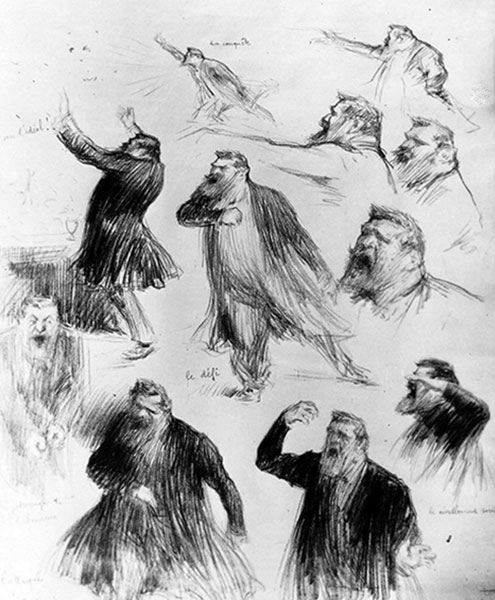 Charles Leandre, Jaurès à la tribune, 1903, Castres, musée Jean-Jaurès. Agrandissement : L'embarras du chef avant la rentrée, caricature de Georges Clemenceau par Achille Lemot, Le Pèlerin. Revue illustrée de la semaine, 30 septembre 1906.