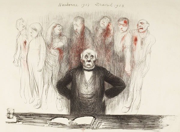 Dessin de Jean Veber évoquant les morts causées par la répression à Narbonne et Draveil sous le gouvernement Clemenceau, 1907-1908, Paris, BnF, Gallica.
