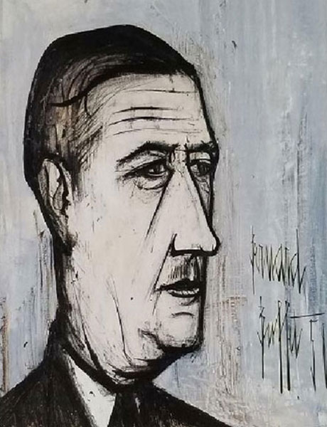 Portrait du général de Gaulle par Bernard Buffet dans le Time (1959). Agrandissement : Manifestation antifasciste le 28 mai 1958 à Paris.