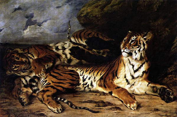 Eugène Delacroix, Jeune tigre jouant avec sa mère, 1830, Paris, musée du Louvre. Agrandissement : Noces juives au Maroc, 1839, Paris, musée du Louvre. 