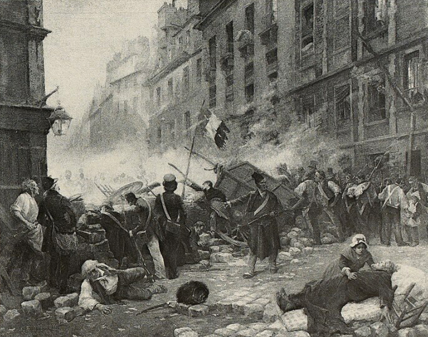 Une barricade en 1830, Georges Cain, Paris, musée Carnavalet. Agrandissement : Charge de cuirassiers, au faubourg Saint-Antoine, 28 Juillet 1830, Londres, British Museum.