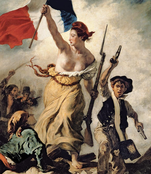 La Liberté guidant le peuple : la femme, l'adolescent et l'homme blessé, le regard levé vers la liberté.