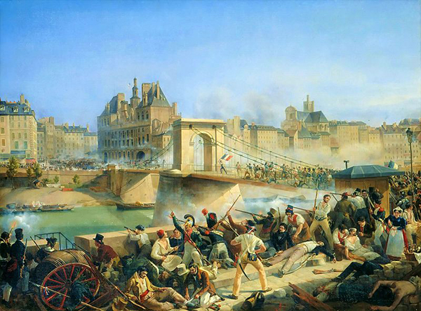 Amédée Bourgeois, Prise de l'Hôtel de ville : le Pont d'Arcole, 1831, Château de Versailles.
