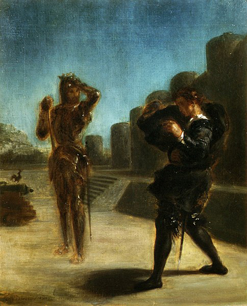 Eugène Delacroix, Hamlet et le Spectre, 1825, Pologne, musée de l'Université Jagellon. Agrandissement : Eugène Delacroix, Hamlet et Horatio au cimetière, 1839, Paris, musée du Louvre.