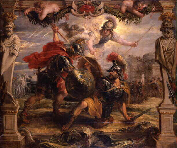 Achille perçant Hector, le combat héroïque dans l'Antiquité, Rubens, vers 1630. Agrandissement : Le duel d'Eugène Onéguine et Vladimir Lenskyi par Ilia Répine, 1899, Moscou, musée Pouchkine.