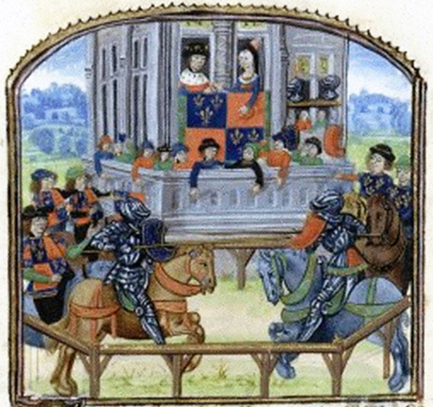 Duel judiciaire, enluminure du Maître aux mains volubiles extraite de Les Droits d?armes de noblesse, 1481, Paris, BnF.