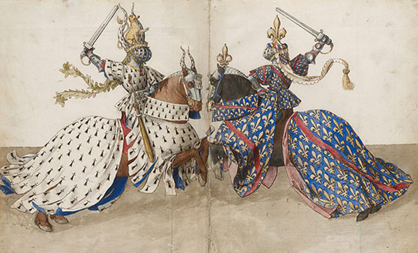 Duel lors d'un tournoi imaginaire entre le duc de Bretagne et le duc de Bourbon. Livre des tournois, vers 1460, Paris, BnF.