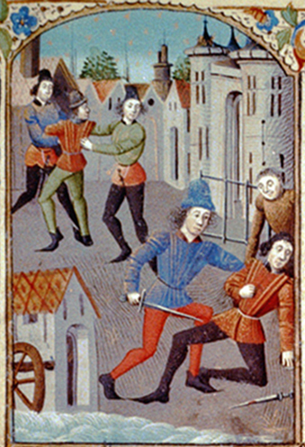 Droit et affaires juridiques en Normandie du XVe siècle, France : duel à l'épée entre demandeur et défendeur.