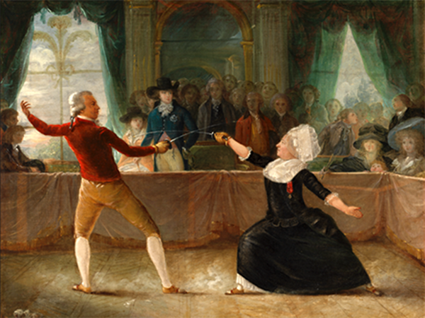  Alexandre-Auguste Robineau, Assaut d'armes entre les chevaliers de Saint-George et d'Éon (détail), 1787-1789, Londres, Royal collection, Trust © His Majesty King Charles III 2024.