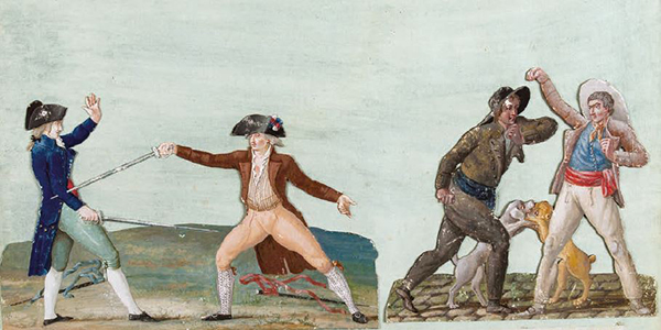 Duel de Charles de Lameth et du marquis de Castries, le 12 novembre 1790, Jean-Baptiste Lesueur, vers 1790, Paris, musée Carnavalet. Agrandissement : Rixe sous une tente dans un campement militaire, Dirk Langendijk, 1795, Pays-Bas, © Paris - Musée de l'Armée.