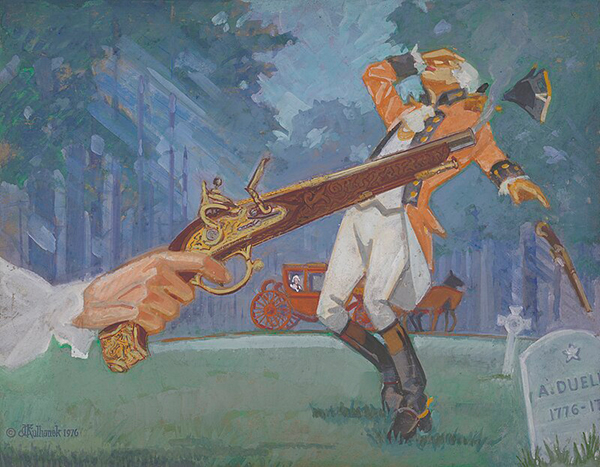 Un duel, 1776, James F. Kulhanek. Agrandissement : Nicolas Noël Boutet, Coffret de pistolets attribués à Fournier-Sarlovèze, vers 1800, © Paris - Musée de l'Armée.