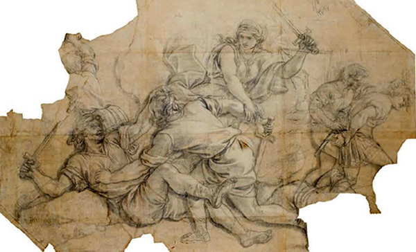 Charles Le Brun, La Fureur des duels arrestée, vers 1674-1689, Paris, musée du Louvre, département des Arts Graphiques © GrandPalaisRmn (musée du Louvre)/ Thierry Le Mage. Agrandissement : Anne-Louis Girodet, Le combat, 1813-1814, chateau de Compiègne.