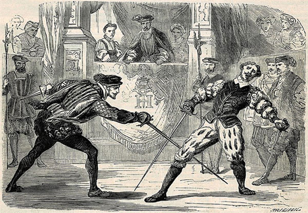 Duel de Jarnac, l'une des illustrations réalisée par Auguste Trichondu dans le tome 2 de l'ouvrage Dictionnaire populaire illustré d'histoire, de géographie, de biographie, de technologie, de mythologie, d'antiquités, des beaux-arts et de littérature, rédigé et édité par Edmond Alonnier & Joseph Décembre, 1866.