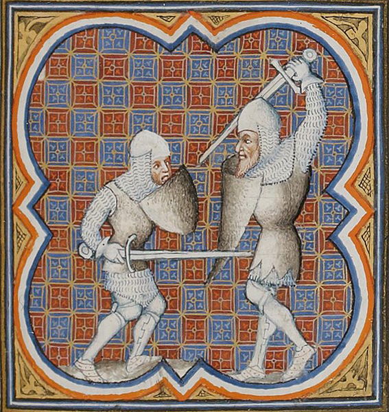 Combat de Roland et du géant Ferragut, miniature enluminée des Grandes Chroniques de France, 1375-1380, Paris, BnF.
