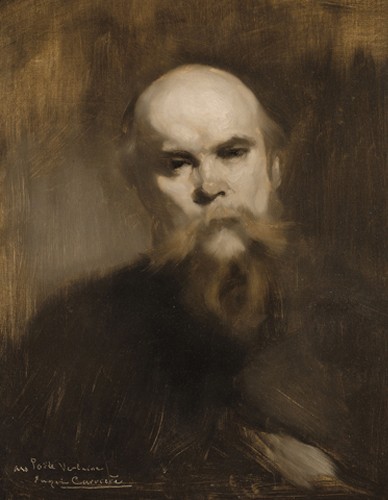 Portrait de Paul Verlaine par Eug&egrave;ne Carri&egrave;re, 1890, Paris mus&eacute;e d'Orsay. En agrandissement, une photographie de Dornac, Paul Verlaine au caf&eacute;, 1896, Paris, BnF.
