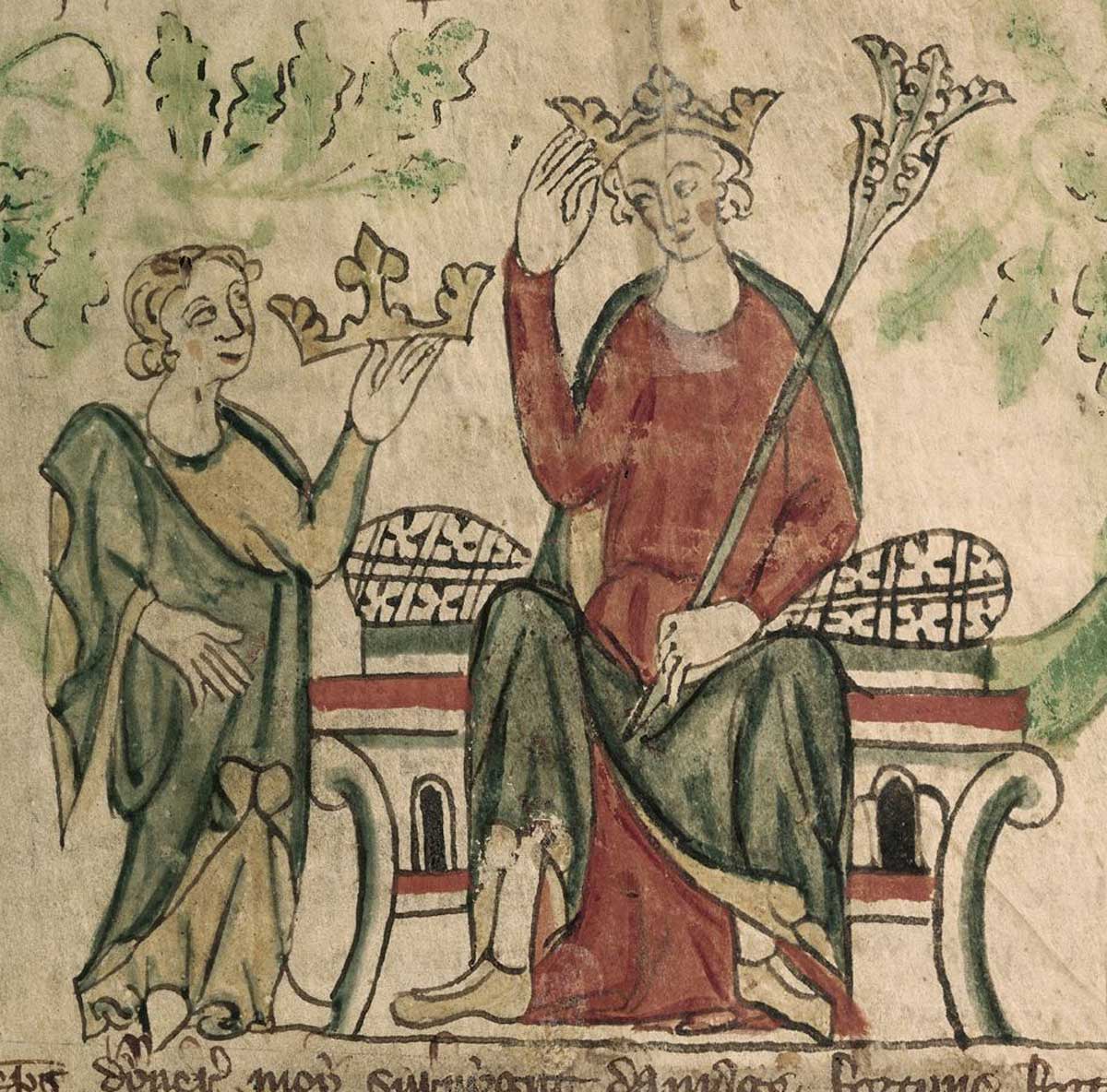 Édouard de Carnarvon, prince de Galles, lors de son couronnement en tant que roi Edouard II (enluminure, début du 14e siècle)