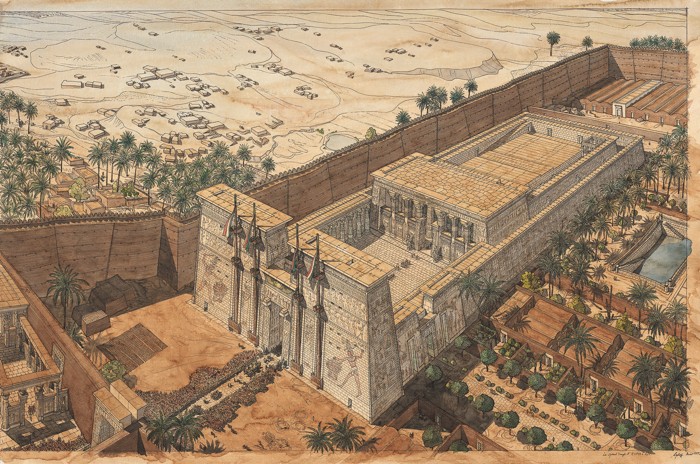 Temple d?Horus &agrave; Edfou. Aquarelle de Jean-Claude Golvin. Mus&eacute;e d&eacute;partemental Arles Antique &copy; Jean-Claude Golvin / &Eacute;ditions Errance. En agrandissement : Temple fun&eacute;raire de Rams&egrave;s III &agrave; Medinet Habou (Th&egrave;bes-Ouest). Aquarelle de Jean-Claude Golvin. Mus&eacute;e d&eacute;partemental Arles Antique &copy; Jean-Claude Golvin / &Eacute;ditions Errance. 