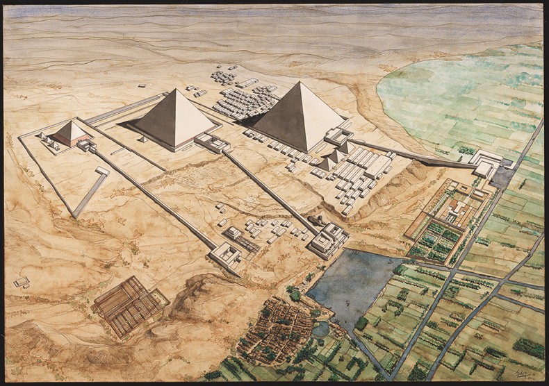 Pyramides de Giza. Aquarelle de Jean-Claude Golvin. Mus&eacute;e d&eacute;partemental Arles Antique &copy; Jean-Claude Golvin / &Eacute;ditions Errance. 