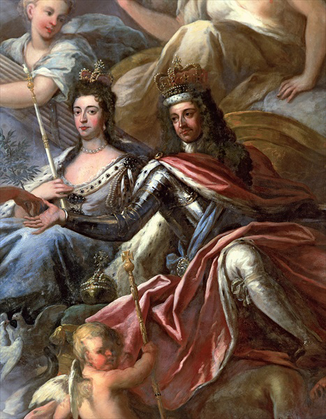 Portrait de Guillaume III et Marie II par James Thornhill (XVIIIe siècle) sur le plafond du Painted Hall du Old Royal Naval College, à Greenwich.