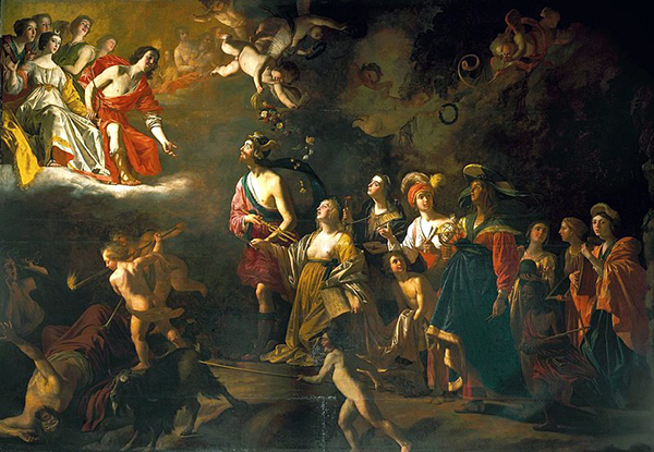 Gerrit van Honthorst, Apollon et Diane, 1638, Royal Collection. Peinture allégorique : au centre se trouve George Villiers, premier duc de Buckingham, sous les traits de Mercure. Les arts figurent à droite tandis que dans le ciel apparaissent le roi Charles Ier et la reine Henriette Marie représentés en Apollon et Diane. Agrandissement : Paul Delaroche, Charles Ier moqué par les soldats de Cromwell, 1837, Collection du duc de Sutherland.