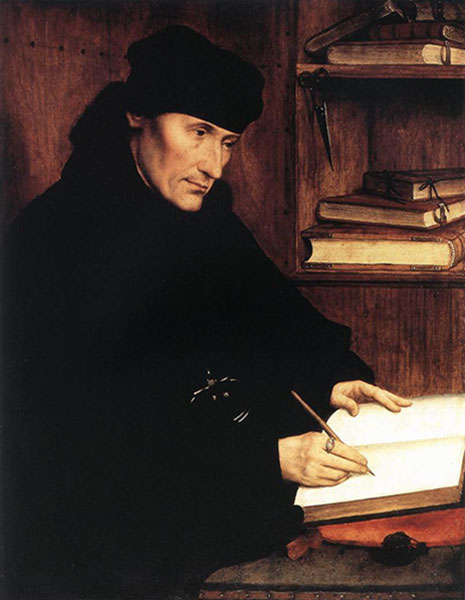 Quinten Metsys, Érasme de Rotterdam, 1517, Rome, Galleria Nazionale d'Arte Antica. Agrandissement : Hans Holbein le Jeune, Érasme écrivant, 1523, Bâle, Kunstmuseum.
