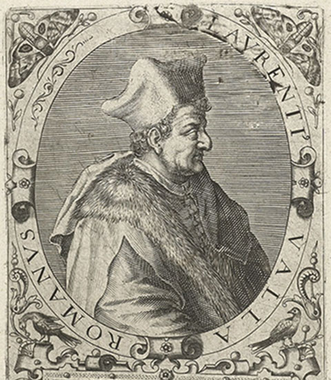 Portrait de Lorenzo Valla, gravure allemande du XVIe siècle. Agrandissement : Gravure de Gian Francesco Poggio Bracciolini par Jean Jacques Boissard, 1597, Houghton Library, Harvard.