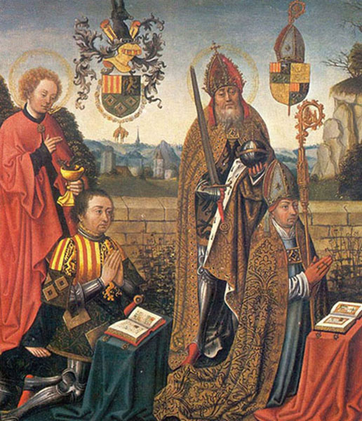 Jean III de Glymes et Henri de Bergues agenouillés avec leurs saints patrons. Panneau conservé d'une d'un autel perdu, réalisé vers 1480 (coll. Markiezenhof)