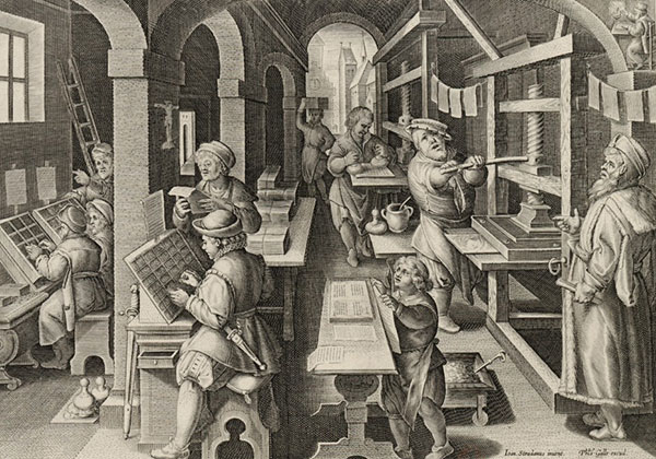 Impressio Librorum : imprimeurs et imprimerie typographique, Jan Van Der Straet dit Stradanus et Philip Galle, XVIe siècle, Paris, BnF, Gallica.