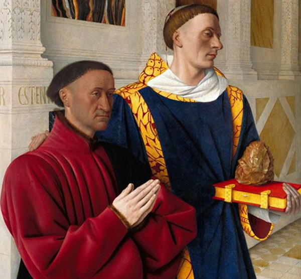 Étienne Chevalier et saint Étienne (Volet gauche du diptyque de Melun). Agrandissement : La Vierge à l'enfant (volet droit du diptyque de Melun).