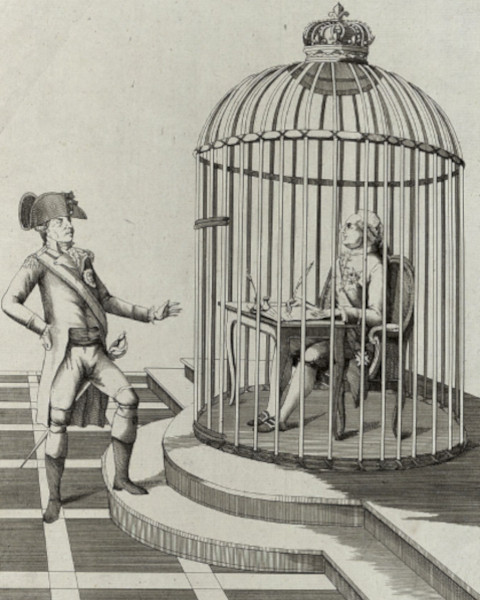 Léopold II de Habsbourg demandant à Louis XVI, enfermé dans une cage : - Que fais tu là beau-frère ?...  - Je sanctionne. , 1791, Paris, BnF.