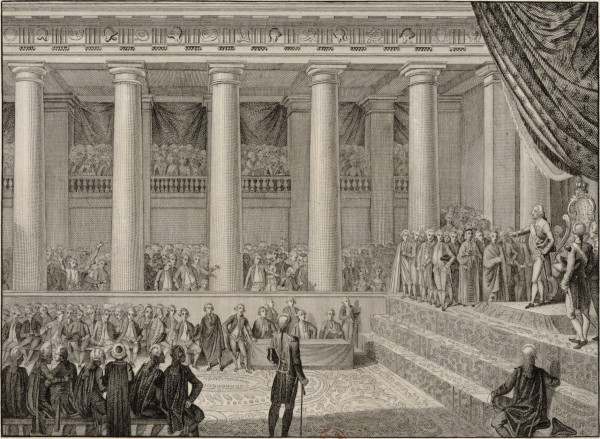 Louis XVI annonce aux députés de l'Assemblée nationale législative qu'il a déclaré la guerre au roi de Bohême et de Hongrie (20 avril 1792), Johann Carl Bock d'après un dessin de C. Heydeloff, 1792, Paris, BnF, Gallica.