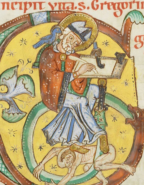 Grégoire Ier le Grand (enluminure du Codex Bodmer ou Passion de Weissenau -Weißenauer Passionale-, Fondation Bodmer, Coligny, Suisse, fin du XIIe siècle) Grégoire Ier le Grand (enluminure du Codex Bodmer ou Passion de Weissenau -Weißenauer Passionale-, Fondation Bodmer, Coligny, Suisse, fin du XIIe siècle)