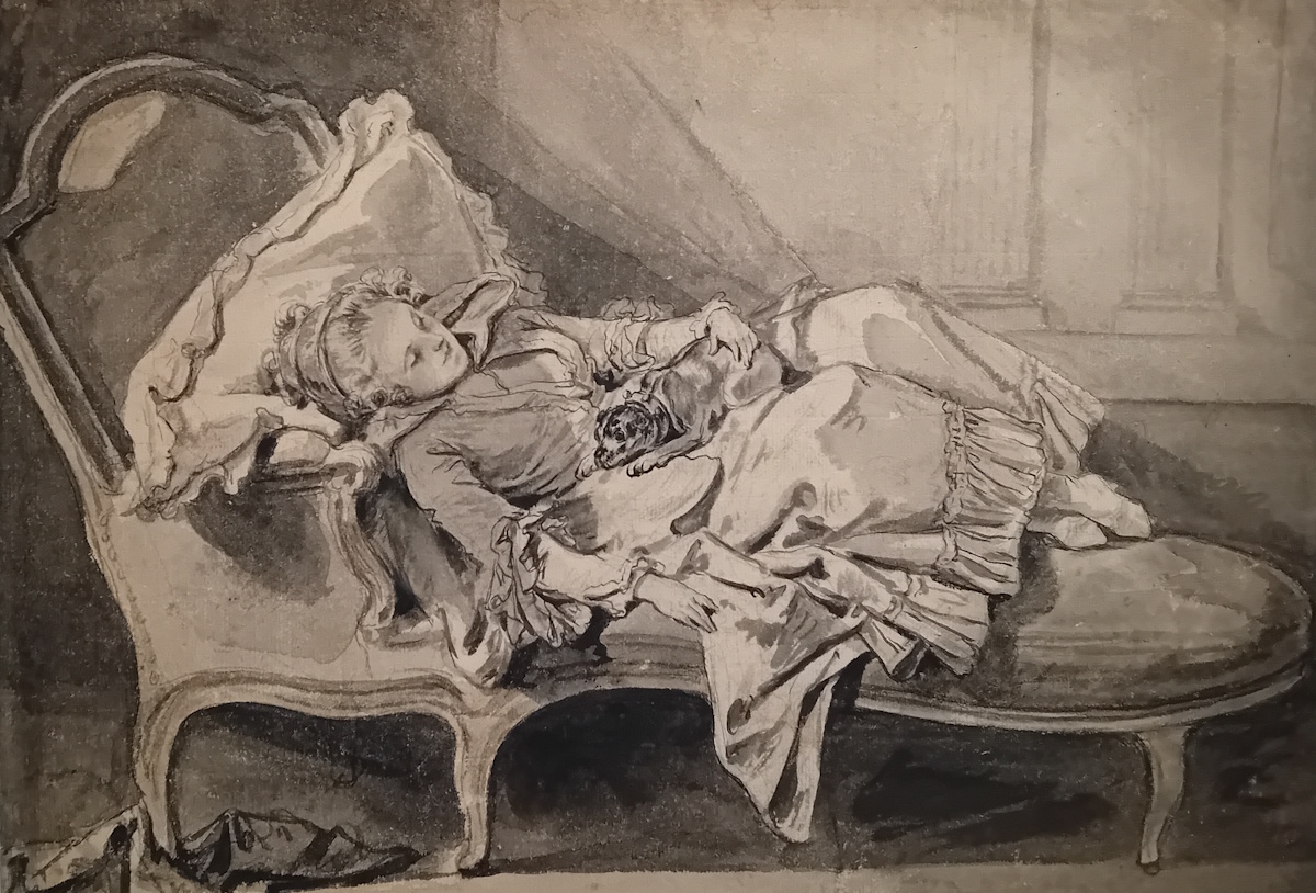 Jean-Baptiste Greuze, Madame Greuze sur une chaise longue avec son chien, vers 1759- 1760. Crayon graphite, pierre noire, plume, encre grise et noire, 34,3 x 46,8 cm. Amsterdam, Rijksmuseum