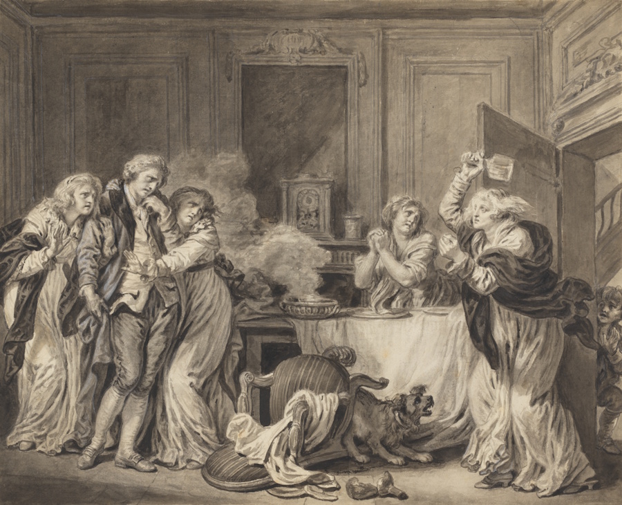 Jean-Baptiste Greuze, La Femme en colère, vers 1785. Pinceau, lavis noir et gris, réhaussée de blanc, sur des traces de graphite, 52,1 x 64 cm. New York, The Metropolitan Museum of Art