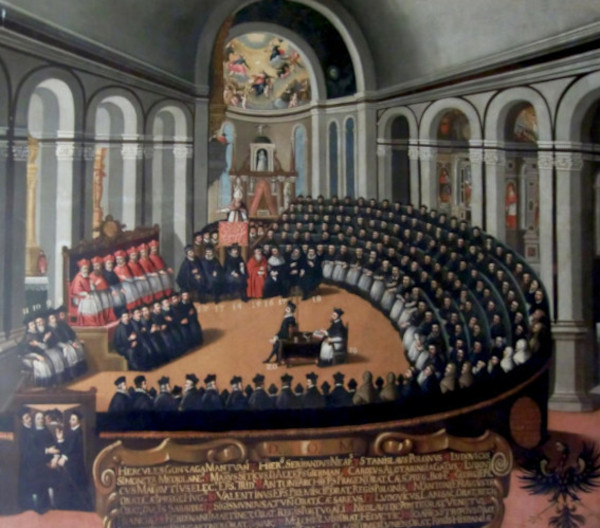 Le Concile de Trente en 1545 et 1563, fresque de Pasquale Cati, 1588-1589, Rome, basilique Sainte-Marie-du-Trastevere. Agrandissement : Le Concile de Trente, Bartolomeo Bossi, 1776, Slovénie, église Krkavče.