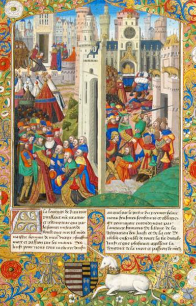 Prise de Jérusalem par le roi Antiochus, La Guerre des Juifs de Flavius Josèphe, trad. par Guillaume Coquillart, XVe siècle, Chantilly, musée Condé. Agrandissement : Antonio Ciseri, Le Martyre des Sept Maccabées, 1863.