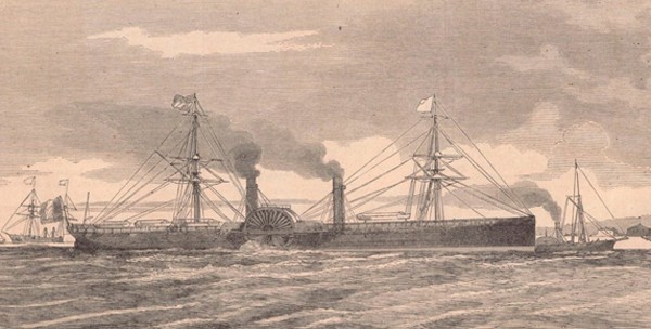 Le Washington dans sa configuration originelle, avec ses roues à aubes et encore avec une mâture lui permettant d?avancer à la voile en cas d?avarie moteur, Le Monde illustré, éd. du 25 juin 1864, Paris, BnF, Gallica.