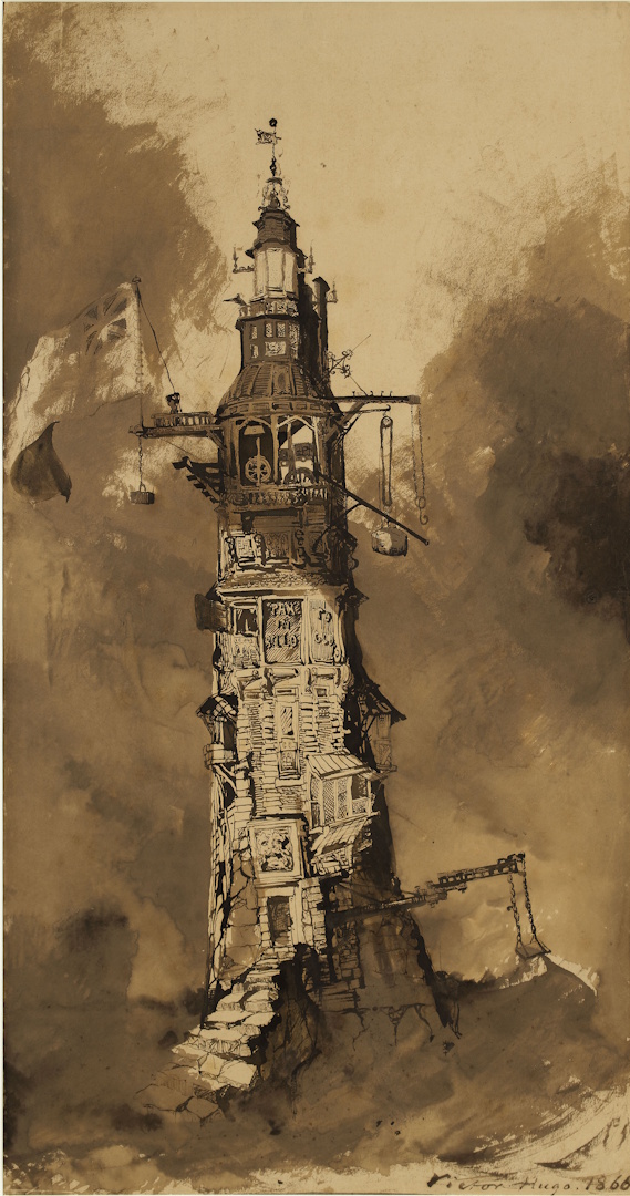 Victor Hugo, Phare d'Eddystone, plume, pinceau, barbes de plume, encre brune et s&eacute;pia (?) sur papier v&eacute;lin, 1866 &copy; Maisons de Victor Hugo Paris-Guernesey Paris Mus&eacute;es