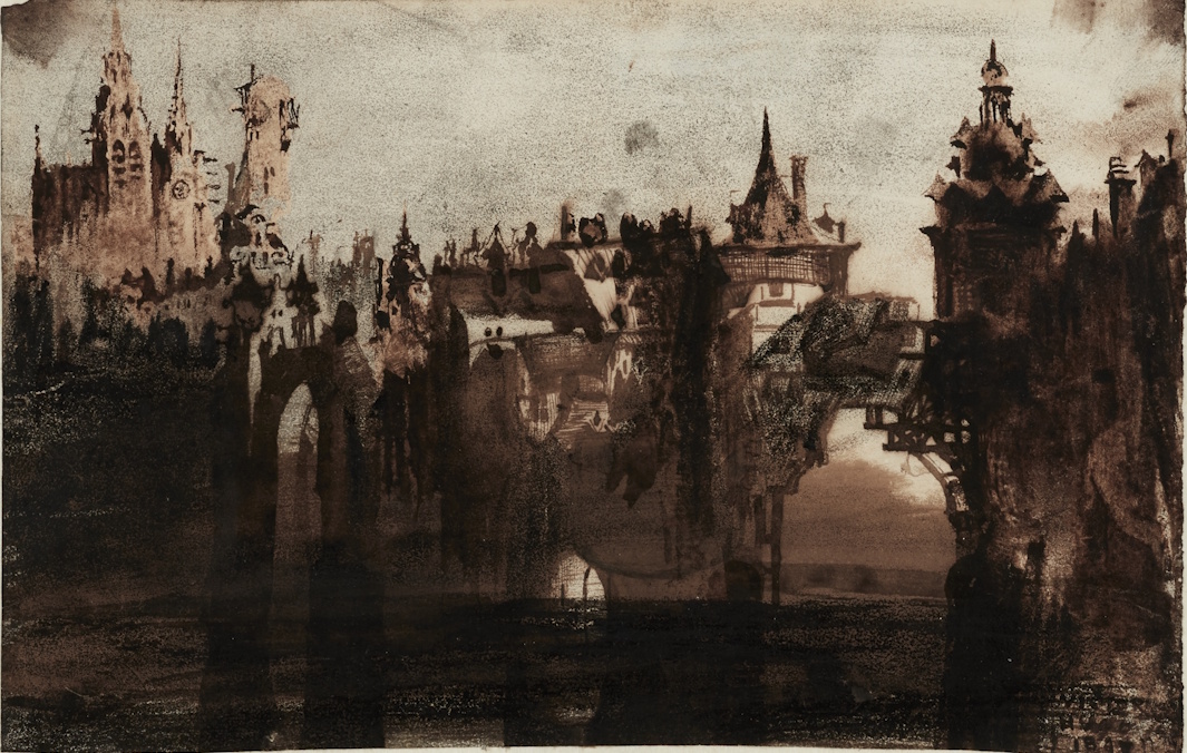 Victor Hugo, Ville au pont rompu, plume et lavis d'encre brune, crayon noir, aquarelle, grattages, utilisation d'un pochoir sur papier vélin, 1847 ; agrandissement : Ville au bord d'un lac, plume, pinceau , lavis d'encre brune,lavis d' encre noire, crayon gras, craie, grattages, zones frottées ,réserves, utilisation de pochoir sur papier beige © Maisons de Victor Hugo Paris-Guernesey Paris Musées (cliquer pour agrandir l'image) Victor Hugo, Ville au pont rompu, plume et lavis d'encre brune, crayon noir, aquarelle, grattages, utilisation d'un pochoir sur papier vélin, 1847 ; agrandissement : Ville au bord d'un lac, plume, pinceau , lavis d'encre brune,lavis d' encre noire, crayon gras, craie, grattages, zones frottées ,réserves, utilisation de pochoir sur papier beige © Maisons de Victor Hugo Paris-Guernesey Paris Musées