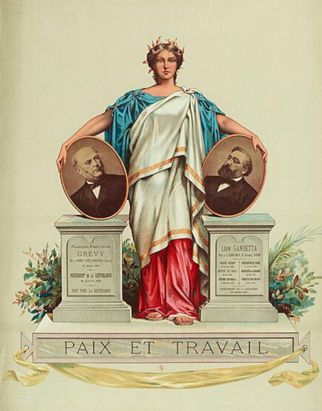 Paix et Travail. Fran&ccedil;ois-Paul-Jules Gr&eacute;vy L&eacute;on Gambetta, estampe, vers 1879, Paris, mus&eacute;e Carnavalet.