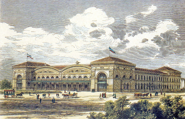 Vue extérieure de l'ancienne gare de Metz (1878). Agrandissement : Vue actuelle de la gare de Metz. (cliquer pour agrandir l'image) Vue extérieure de l'ancienne gare de Metz (1878). Agrandissement : Vue actuelle de la gare de Metz.