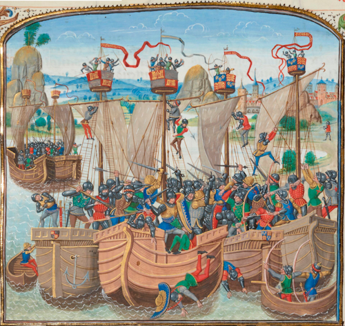Bataille navale de la Rochelle, 1372, miniature tirée des Chroniques de Jean Froissart, XVe siècle, Paris, BnF.