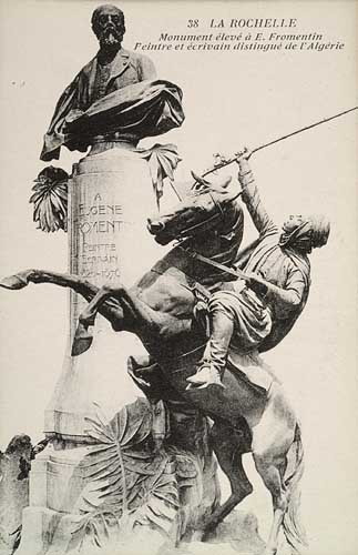 Statue érigée en hommage à Eugène Fromentin ; agrandissement : Eugène Fromentin, La Chasse au héron (Algérie), 1865, Chantilly, musée Condé