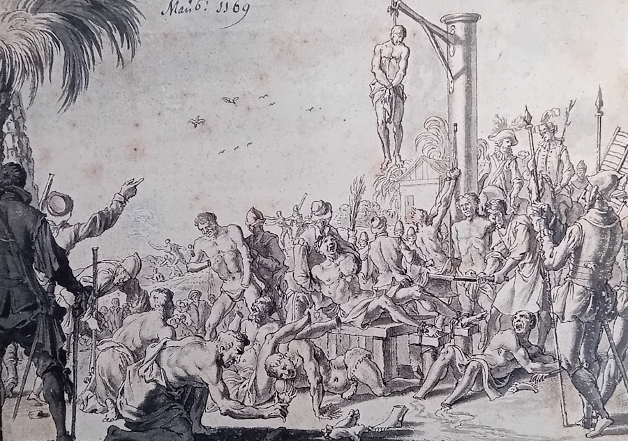 Jan Goeree (Middlebourg, 1670 ; Amsterdam, 1731), Tortures inflig&eacute;es aux Indiens Cara&iuml;bes par les Espagnols (gravure de propagande, Mus&eacute;e du Nouveau Monde, La Rochelle)