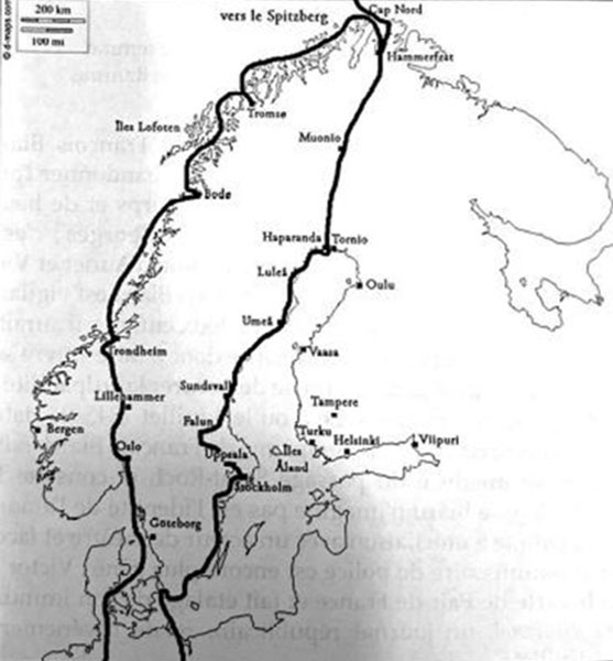 Carte de la Scandinavie et de la Finlande, avec les principales villes visitées par Léonie d'Aunet in Au pays des vendeurs de vent : Voyager en Laponie et en Finlande (XVe-XIXe siècle).