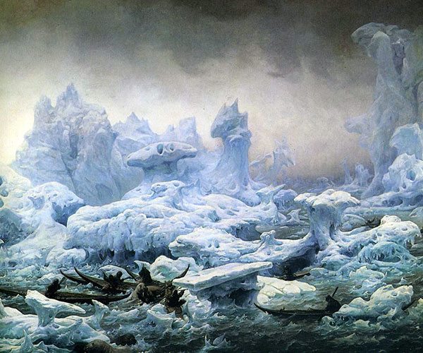 François-Auguste Biard, Vue de l'Océan Glacial, pêche aux morses par des Groënlandais, 1841, musée de Dieppe. Agrandissement : François-Auguste Biard, Magdalena-Bay, vue prise de la presqu'île des Tombeaux, au nord du Spitzberg ; effet d'aurore boréale, vers 1841, Paris, musée du Louvre.