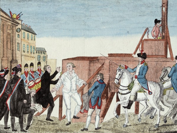 Louis XVI et son confesseur Edgeworth avant son ex&eacute;cution, place de la R&eacute;volution, le 21 janvier 1793, dessin, Paris, mus&eacute;e Carnavalet.